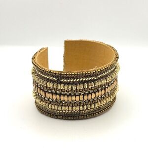 Gold Beaded Wide Cuff Statement Bracelet Rhinestone Multi Row Boho Jewelry